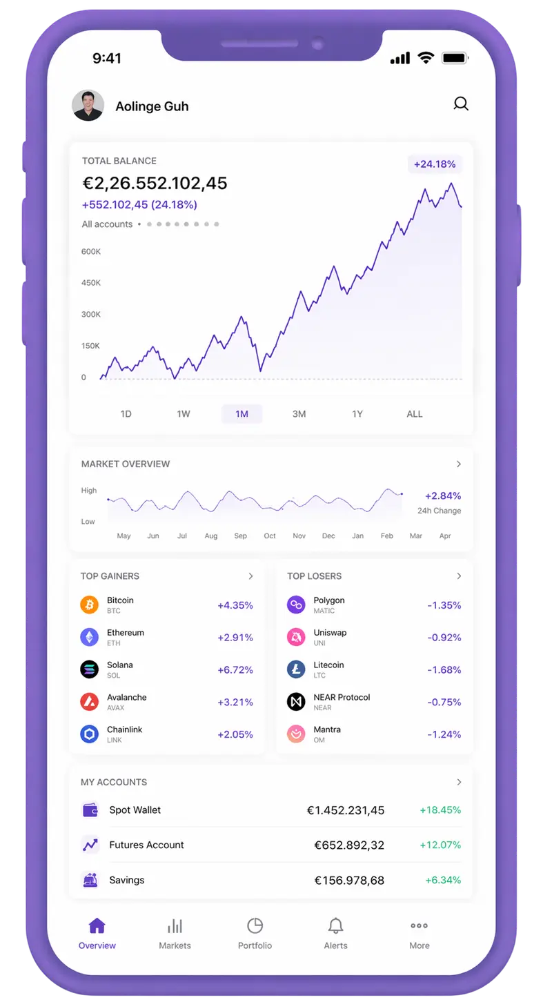 Trancheoir AI mobile app showing portfolio overview